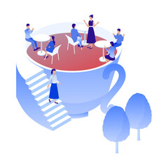 アイソメトリックなティーカップ型カフェテラス（飲食店・休憩・交流）ユニークなレストランの3Dベクターイラスト：巨大なカップで過ごす人々