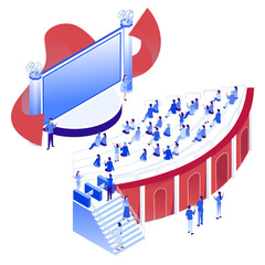 アイソメトリックな映画館・シアターのイラスト（観客席と巨大スクリーン）