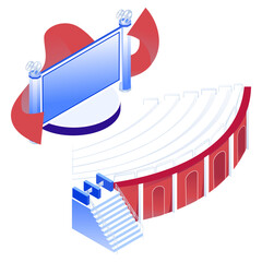 アイソメトリックな映画館・シアターのイラスト（観客席と巨大スクリーン）