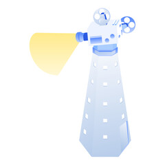 アイソメトリックな巨大映写機と映写塔のイラスト（映画・プロジェクター）