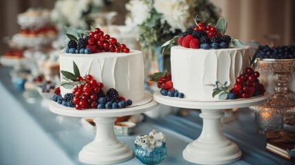 Two white cakes decorated with fresh berries