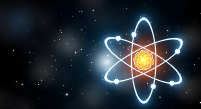 Glowing atom model with orbiting electrons in starry space atomic science nucleus