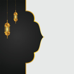 Elegant Ramadan Background with Golden Lanterns and Black Mosque Silhouette