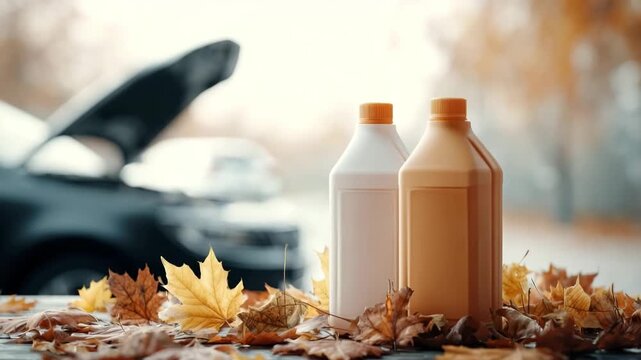 Motor oil bottles on autumn leaves with blurred car background outdoors. Bottles of antifreeze and windshield washer fluid beside an open engine compartment