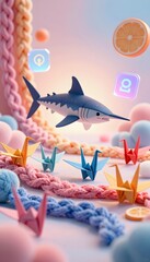 Fototapeta premium Colorful Shark Surrounded by Origami Cranes and Decorative Elements on a Playful Background