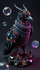 Fototapeta premium Stylized Black Raven Sculpture in Knitted Sweater Surrounded by Bubbles on Dark Background