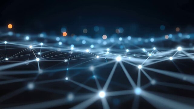 Exploring the visual representation of a technology network showcasing interconnected nodes and lines in a dark setting with glowing points symbolizing data flow and connectivity