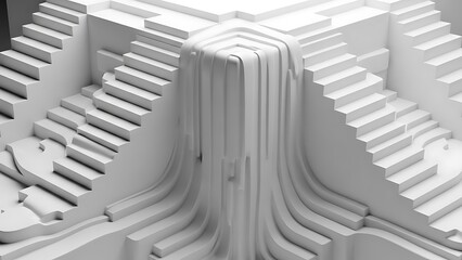 Abstract architectural model with cascading steps and flowing lines.