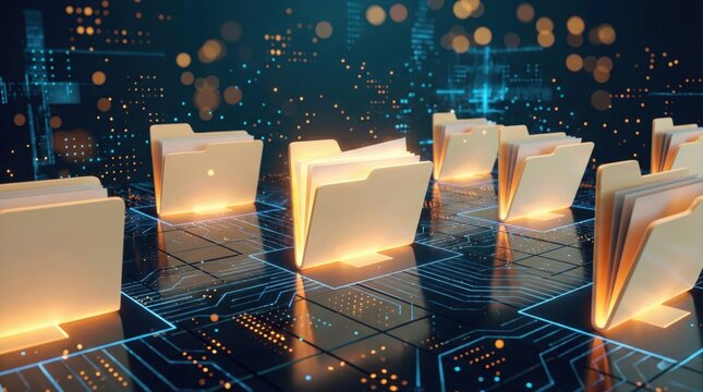 データセンターの回路基板上に並ぶ発光フォルダアイコンの3Dレンダー、青いネオンとボケ光、クラウドストレージ or デジタルアーカイブのバナー用