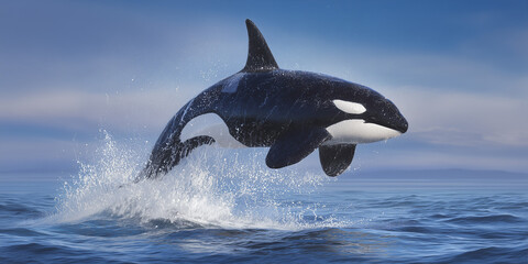 Fototapeta premium Orca whale leaping out of the ocean under clear blue sky 
