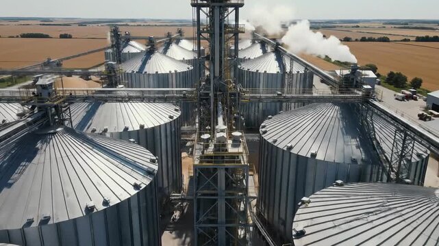 Aerial view of a large industrial grain storage facility with silos and steam rising