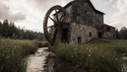 Fototapeta premium Old watermill in a rural landscape with a stream.