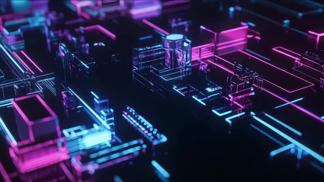 Abstract digital circuit board illustration with glowing neon lines in pink and blue colors, showcasing intricate patterns and technology concepts in a futuristic environment