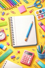 A bright 3D top-down scene of colorful stationery surrounding an open notebook. With strong layered depth, vibrant yellow background, clean shadows, smooth plastic textures, rounded edges