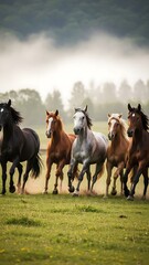 Fototapeta premium A herd of horses running across a grassy field with a misty background.