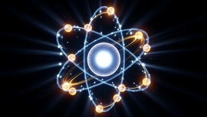 Abstract Atomic Structure with Glowing Electrons Orbiting Nucleus.