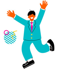Pop and colorful illustration of a happy jumping schoolboy