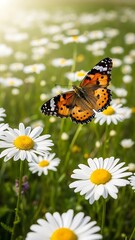 Obraz premium A Painted Lady butterfly rests on a white daisy in a sunlit meadow.