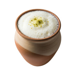 Lassi png, indian yogurt drink in clay cup, transparent background
