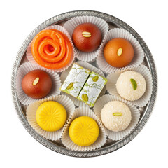 Indian sweets, assortment of traditional mithai on silver plate, transparent png
