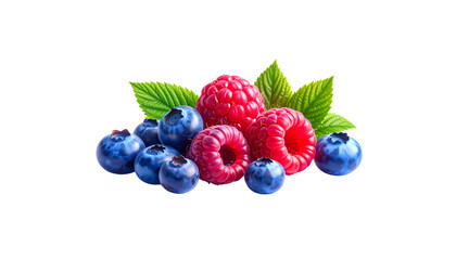 A close-up image of fresh blueberries and raspberries, along with ripe blackberries and strawberries arranged separately on a white background.
