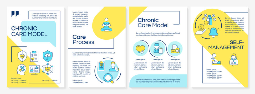 Chronic care model blue and yellow brochure layout. Insurance policy, self management. Leaflet advertising design with color line icons. Editable 4 pages. Questrial, Lato-Regular fonts used