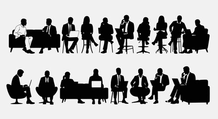 Silhouettes of business people in various poses, some using laptops and phones, in an office or meeting setting.