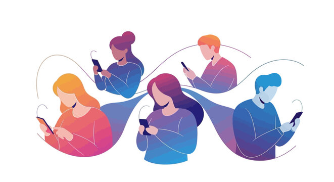 Diverse group of people connected through their smartphones, illustrating digital communication and social networking.