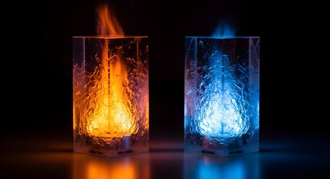 Two rectangular glass blocks with internal orange and blue flames and textured surfaces fire