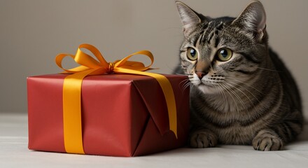 Sweet tabby cat observes a neatly wrapped red gift with an orange ribbon bow ready for a special celebration moment. AI Generated