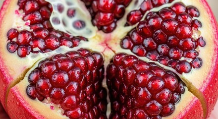 Close up shows the deep red arils revealed inside a freshly cut tropical fruit