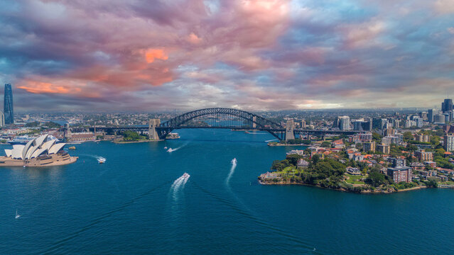 5 February 2026 Aerial View of Sydney Harbour Circular Quay cruise Liner on a nice Summer day beautiful Sky in Sydney NSW Australia