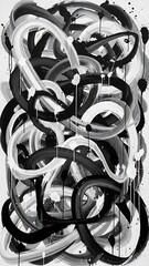 Abstract Black and White Chaotic Brushstrokes with Drips.