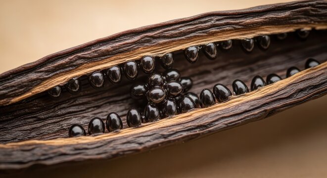 Dried seed pod interior reveals numerous small, dark, glossy ovules clustered within the textured husk.