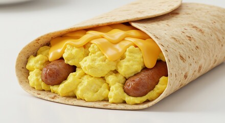 Hearty breakfast burrito filled with golden scrambled eggs savory sausage and gooey cheese bright studio lighting. AI Generated