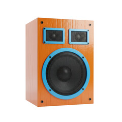 3D rendered wooden stereo speaker with blue trim isolated on transparent background
