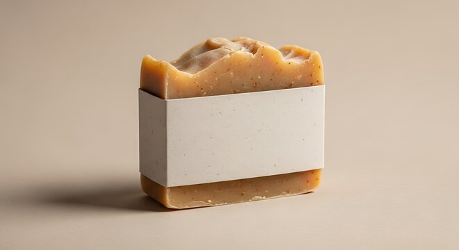 Close-up of a rustic bar of soap with a plain white label against a neutral background