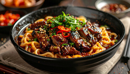 Fototapeta premium Ultra realistic spicy beef noodles with chili, sesame, and herbs.