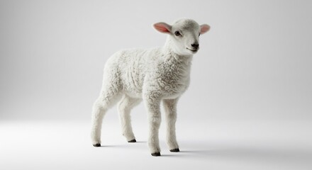 Fototapeta premium An adorable fluffy white lamb with thick wool stands calmly on a pristine background softly lit by bright studio light. AI Generated