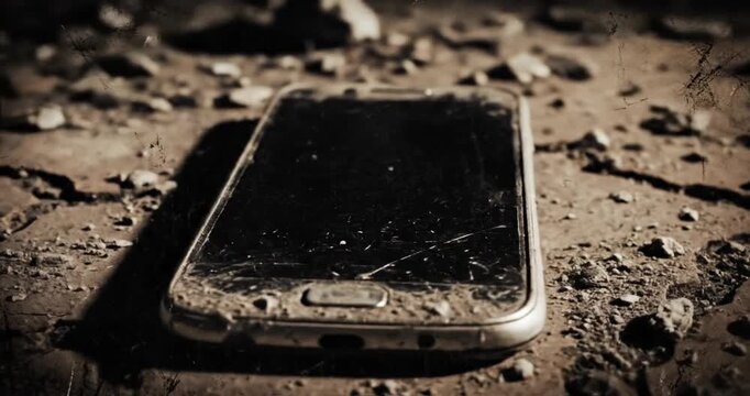 Damaged Smartphone on Cracked Ground Surface.