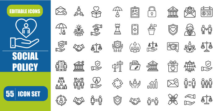 Social Policy Outline Icon Set &ndash; Government, Poverty, Health Insurance & Legislation Editable Stroke Vector Illustration
