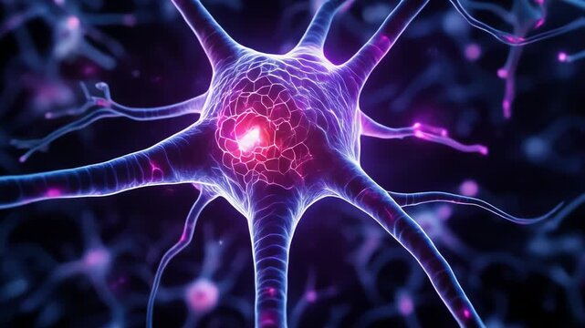 Detailed glowing neuron cell with dendrites and axons in vibrant purple and blue colors