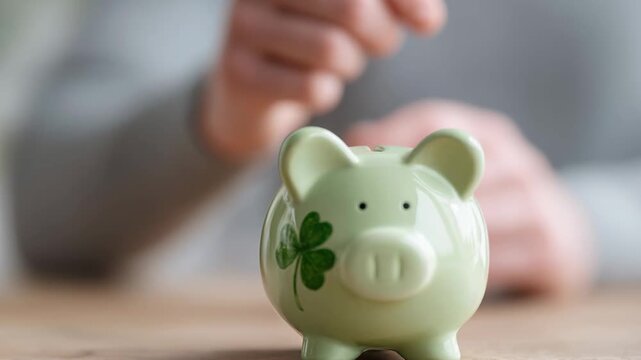 Woman placing coin in green piggy bank with clover. Financial saving and investment concept for lucky money tradition.