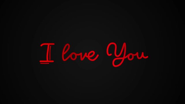 I love you One line continuous animated typography intro outro animation video, hand drawn calligraphy monoline lettering vintage single line text proposal red type on black background bg backdrop