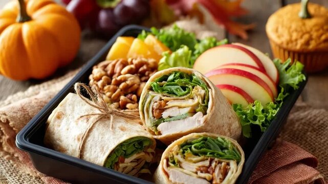 Healthy lunchbox with turkey wraps, fruit slices and muffin on rustic table. Bento box with apple slices, turkey wraps, nuts, and a pumpkin muffin, seasonal meals