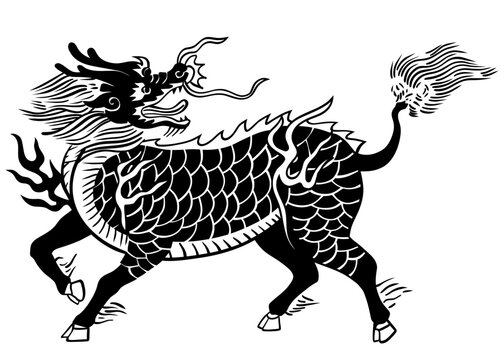 Mythical Kirin or Qilin creature in a bold black ink vector style. This East Asian chimera features dragon-like scales, a flaming tail, and cloven hooves, presented as a powerful silhouette.