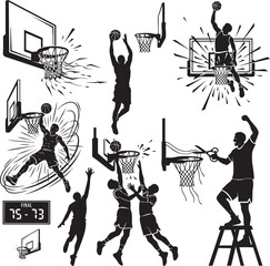 Basketball Silhouettes Set with Slam Dunks, Hoop Actions, and Game Moments © Nurani