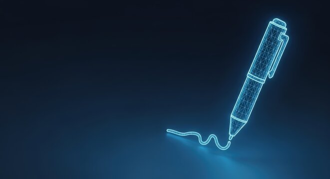 Digital pen creating a luminous line on a dark background, representing innovation and technology.