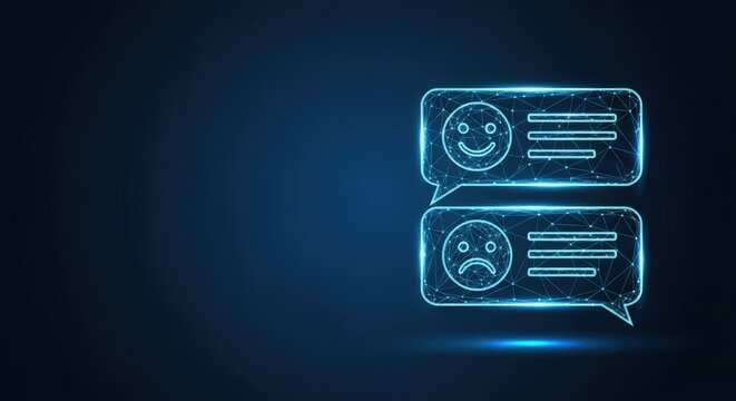 Digital sentiment analysis with positive and negative feedback icons in neon blue wireframe design