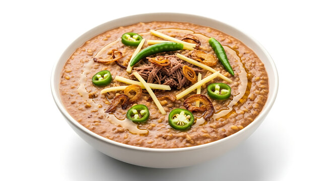Delicious spicy Haleem dish with ginger and chili garnish for healthy morning breakfast or festive dinner celebrations.
